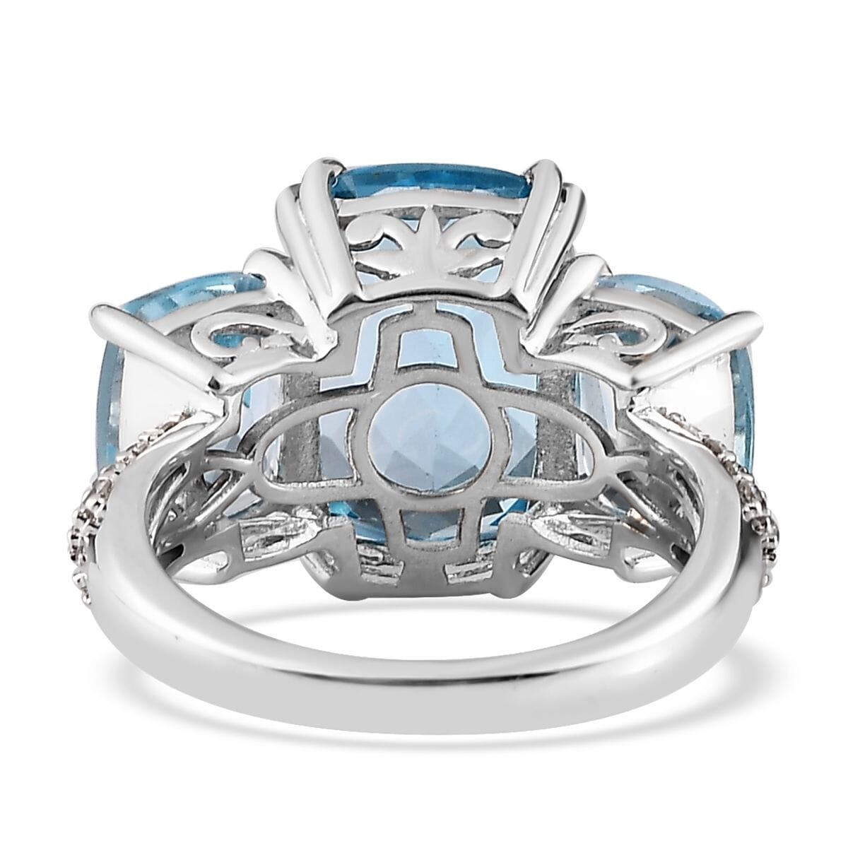 Blue Topaz and White Zircon 12.75 ctw Trilogy Ring in Platinum Over Sterling Silver (Size 5.0) image number 4