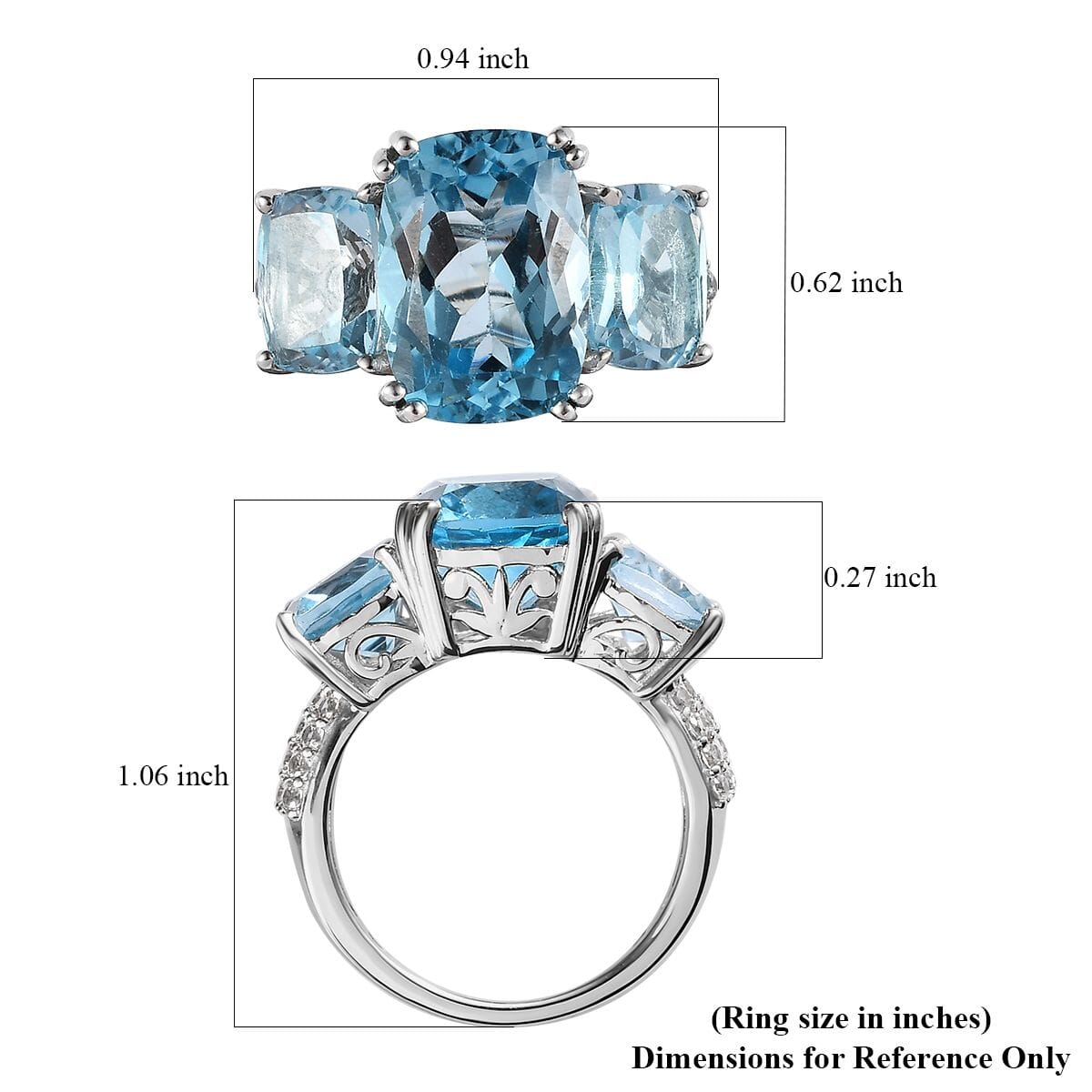 Blue Topaz and White Zircon 12.75 ctw Trilogy Ring in Platinum Over Sterling Silver (Size 5.0) image number 5