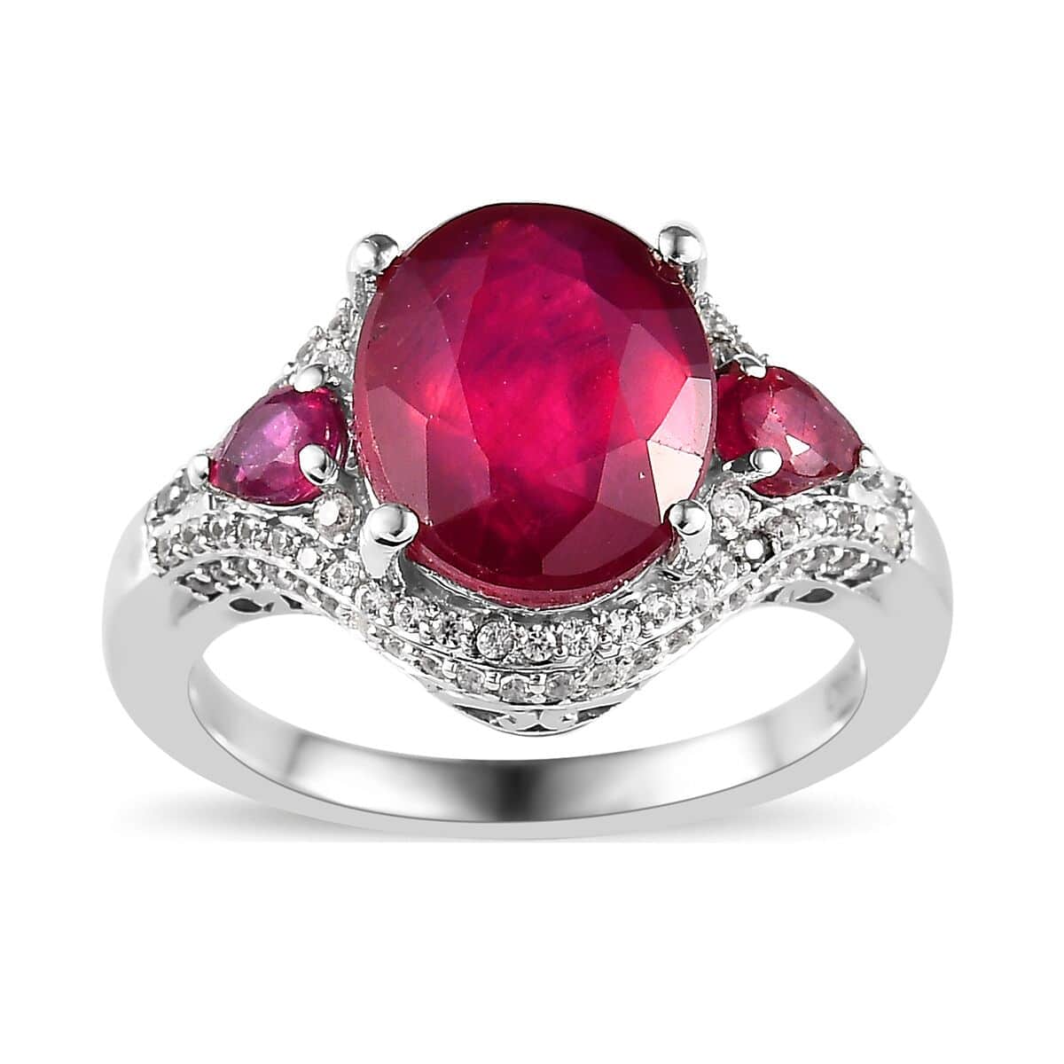 Niassa Ruby (FF) and White Zircon Ring in Platinum Over Sterling Silver (Size 7.0) 6.65 ctw image number 0