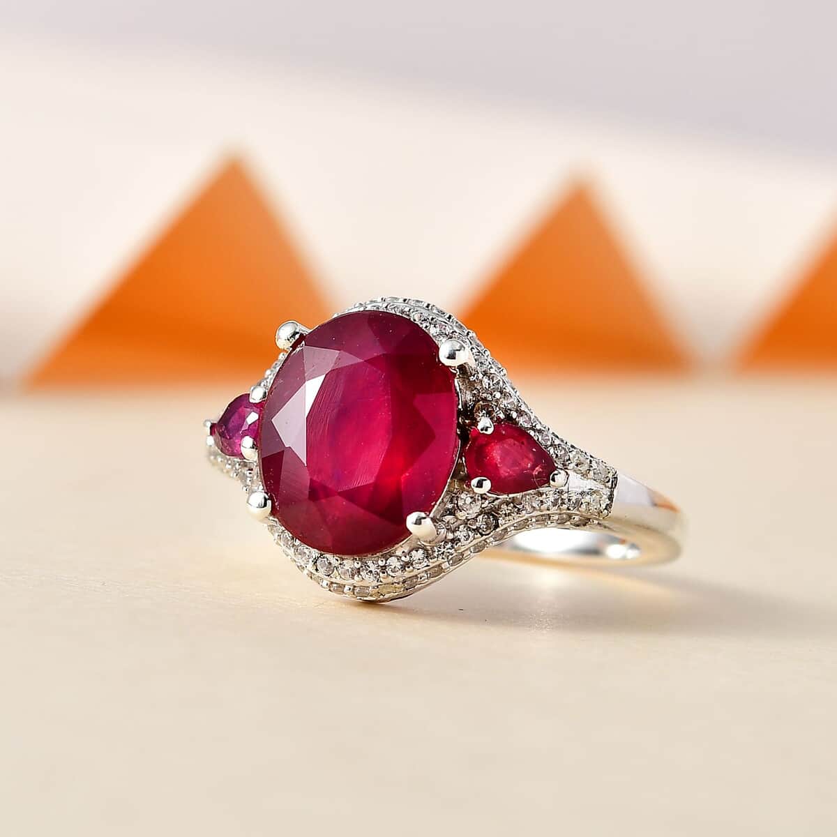 Niassa Ruby (FF) and White Zircon Ring in Platinum Over Sterling Silver (Size 7.0) 6.65 ctw image number 1