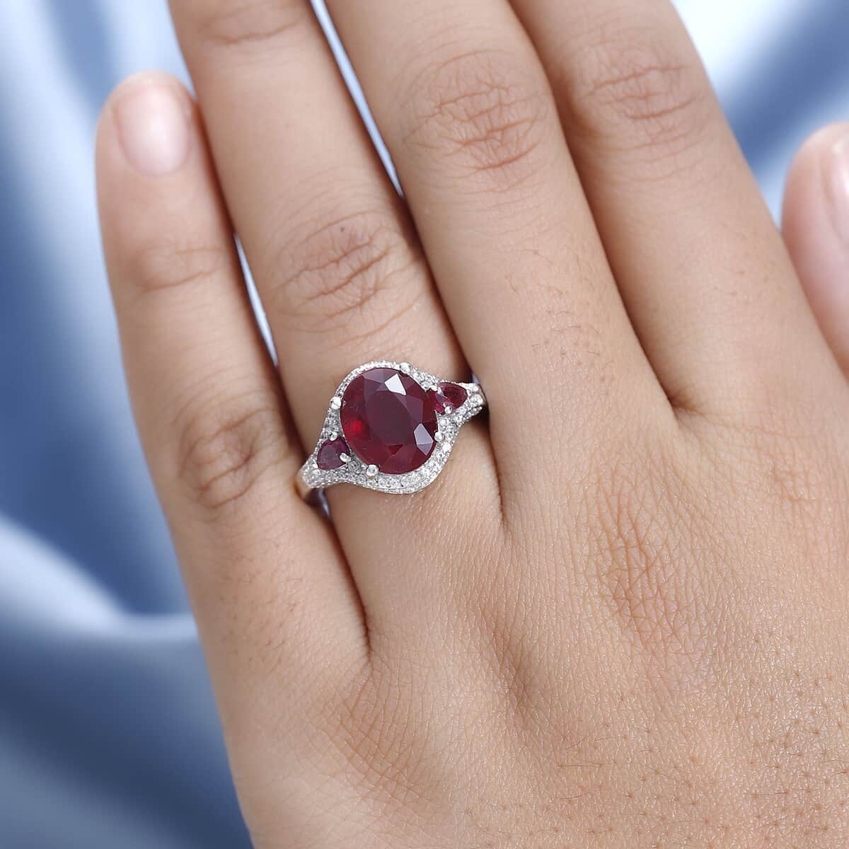 Niassa Ruby (FF) and White Zircon Ring in Platinum Over Sterling Silver (Size 7.0) 6.65 ctw image number 2