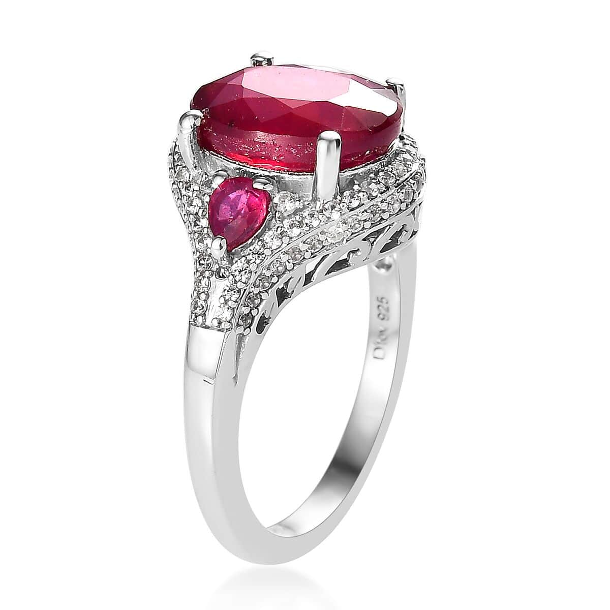 Niassa Ruby (FF) and White Zircon Ring in Platinum Over Sterling Silver (Size 7.0) 6.65 ctw image number 3