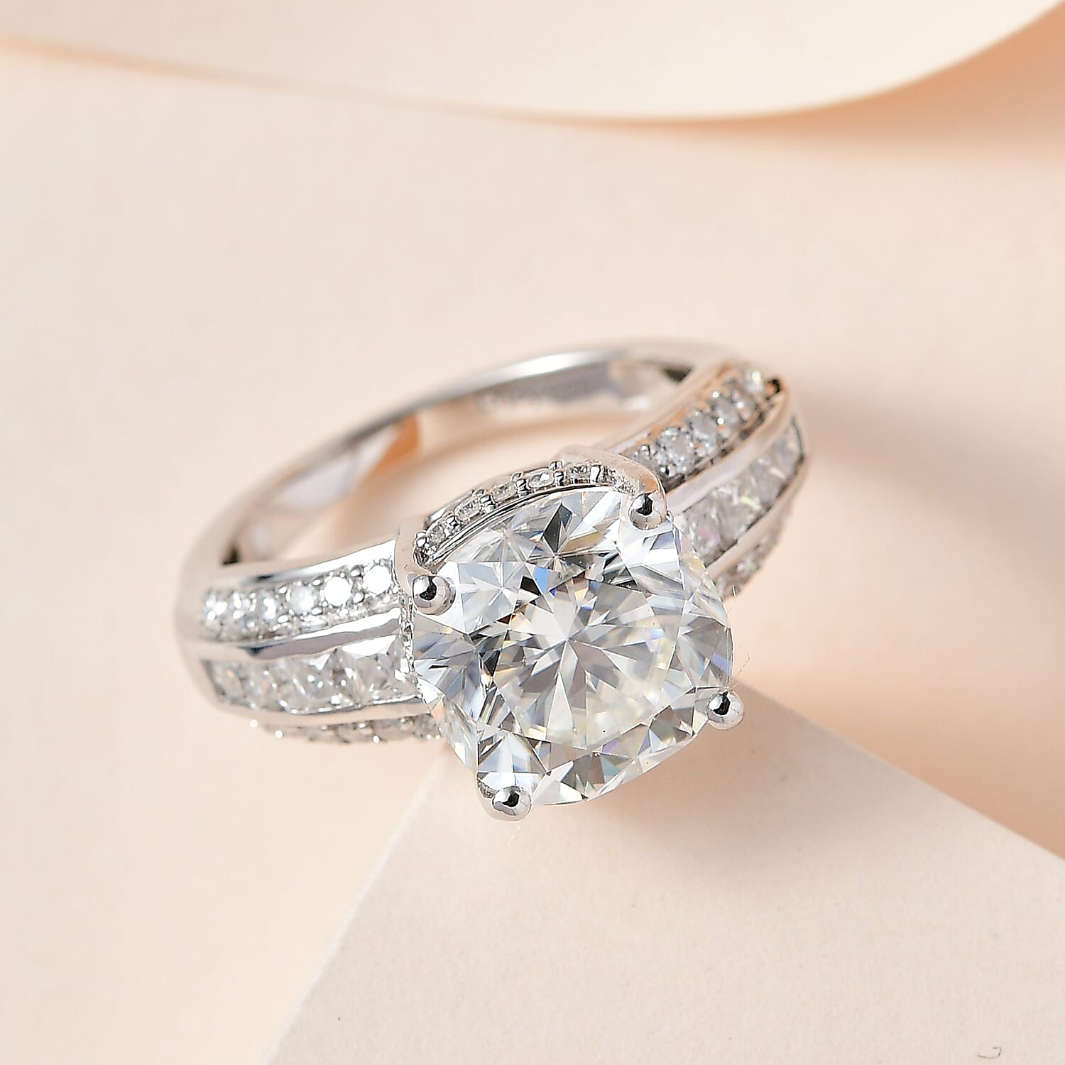 Moissanite Ring in Platinum Over Sterling Silver (Size 10.0) 6.00 ctw