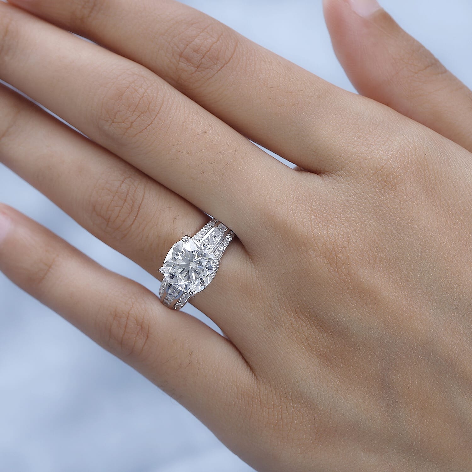 Moissanite Ring in Platinum Over Sterling Silver (Size 10.0) 6.00 ctw