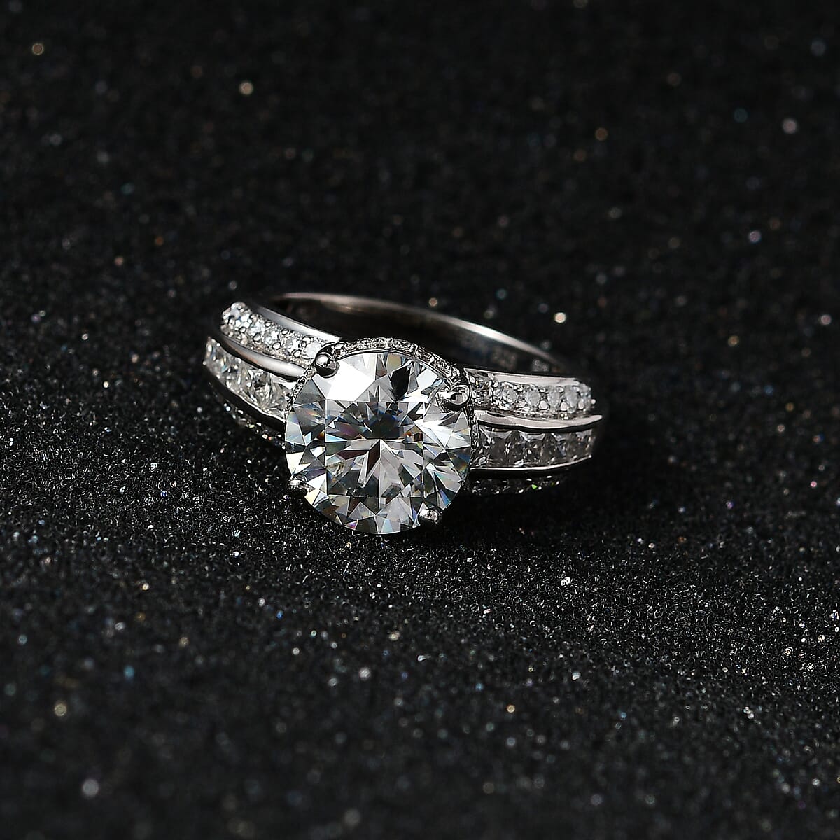 Moissanite (Rnd 10mm) Ring in Platinum Over Sterling Silver (Size 7.0) 4.60 ctw image number 1