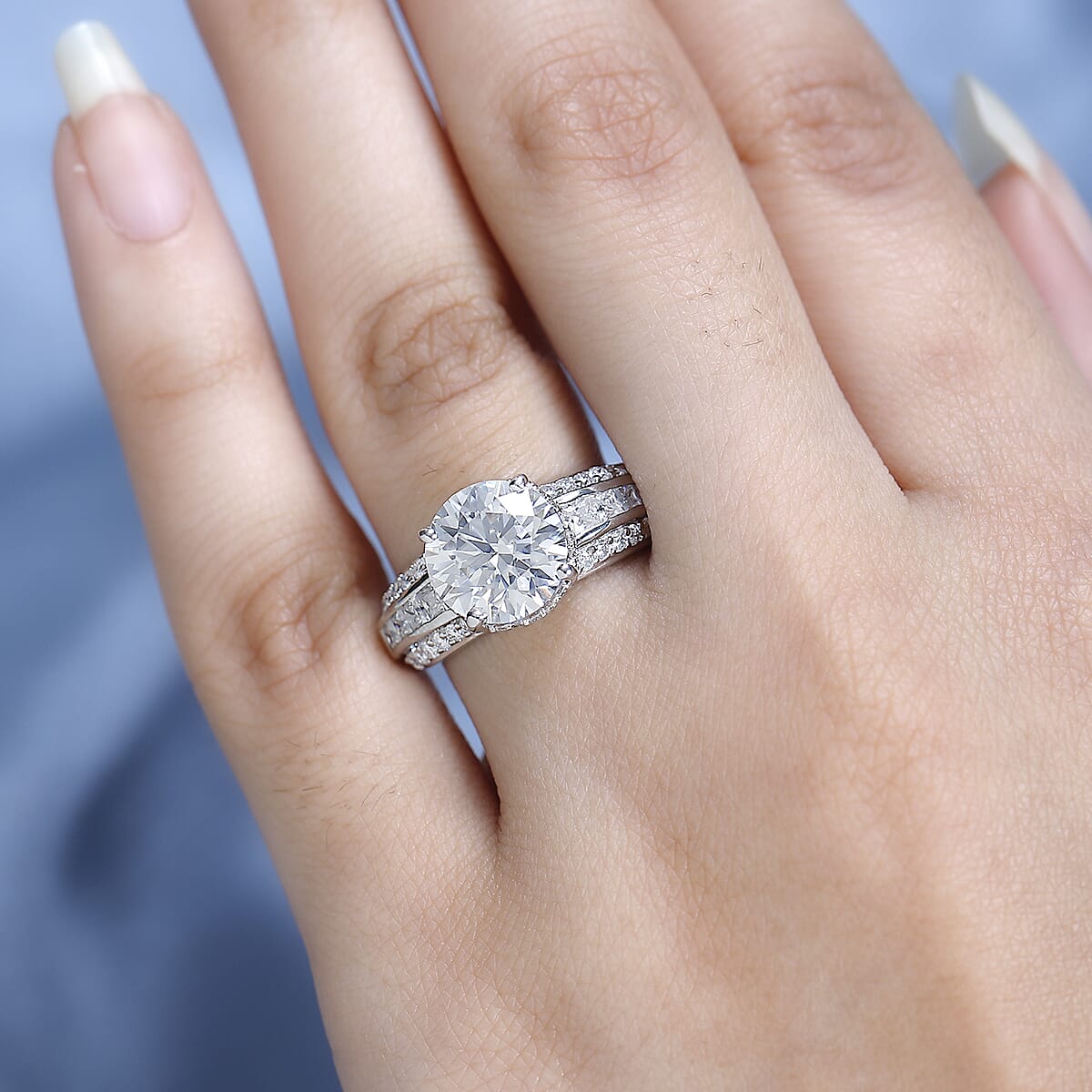 Moissanite (Rnd 10mm) Ring in Platinum Over Sterling Silver (Size 7.0) 4.60 ctw image number 2