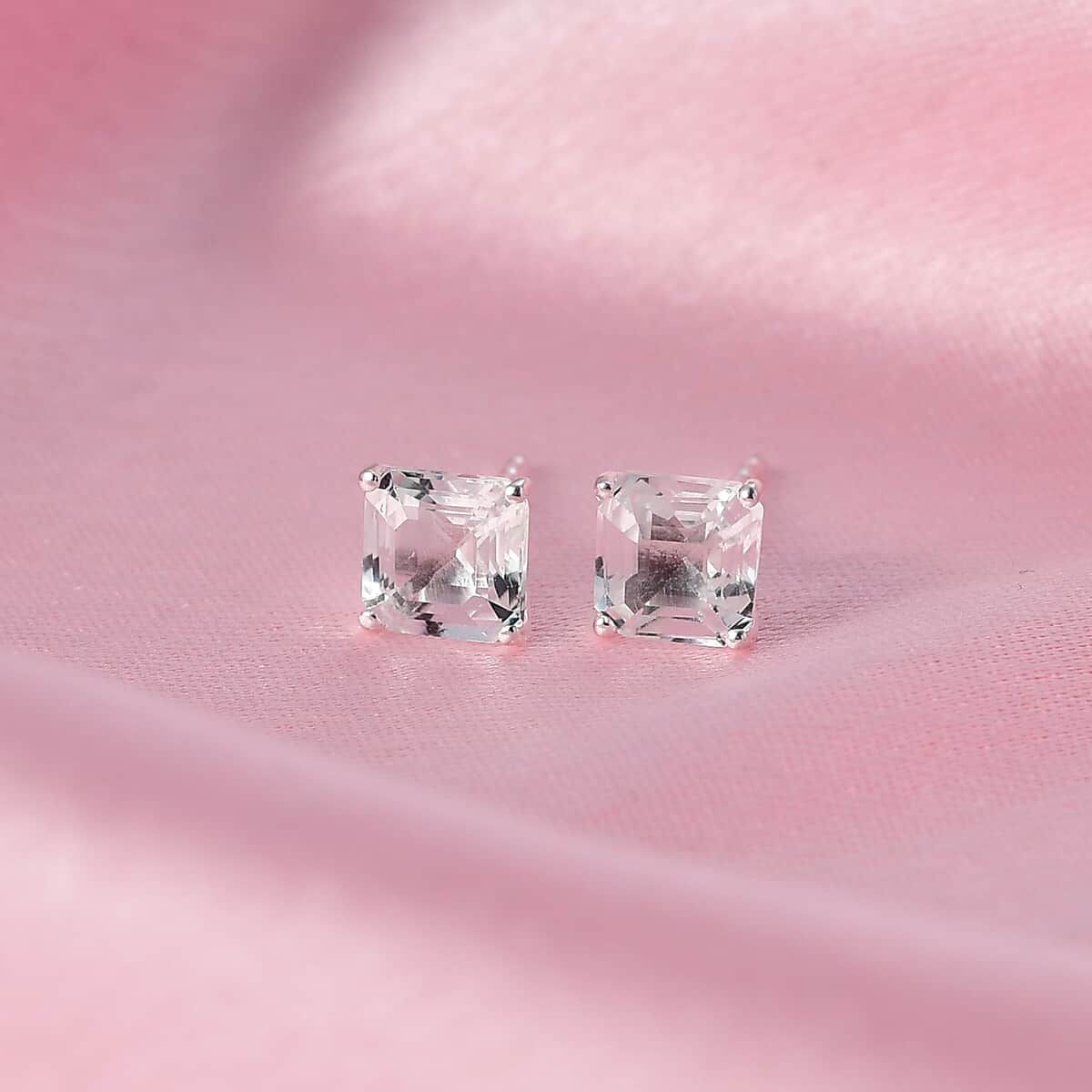 Asscher Cut White Topaz Solitaire Stud Earrings in Sterling Silver 2.70 ctw image number 1