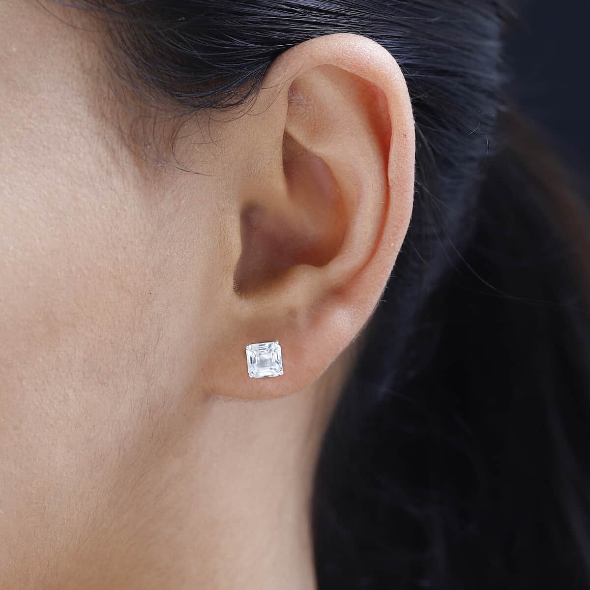 Asscher Cut White Topaz Solitaire Stud Earrings in Sterling Silver 2.70 ctw image number 2