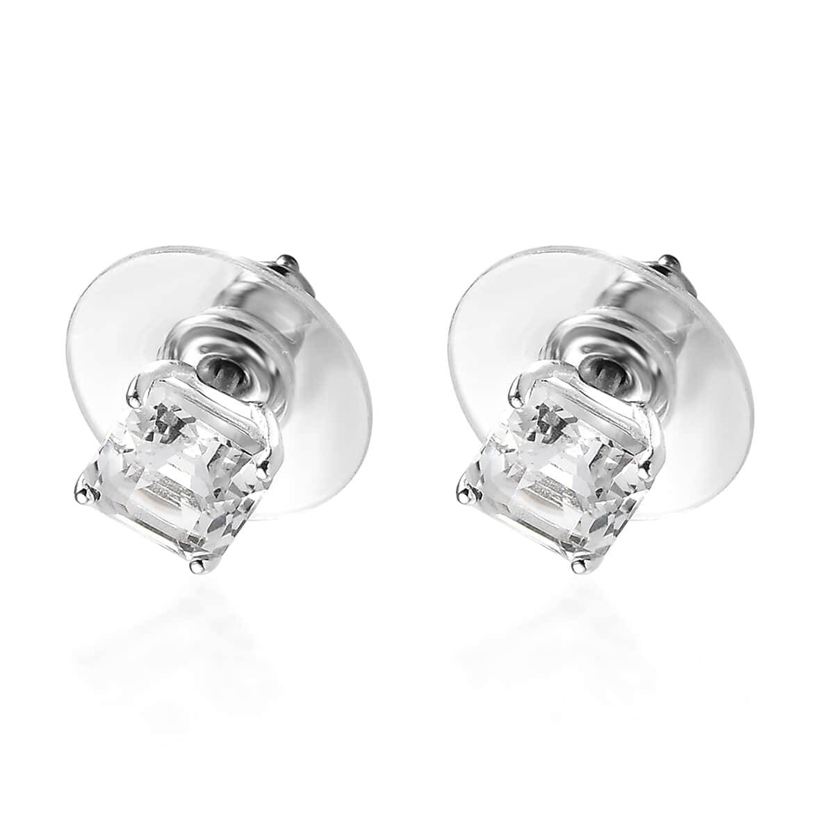 Asscher Cut White Topaz Solitaire Stud Earrings in Sterling Silver 2.70 ctw image number 3