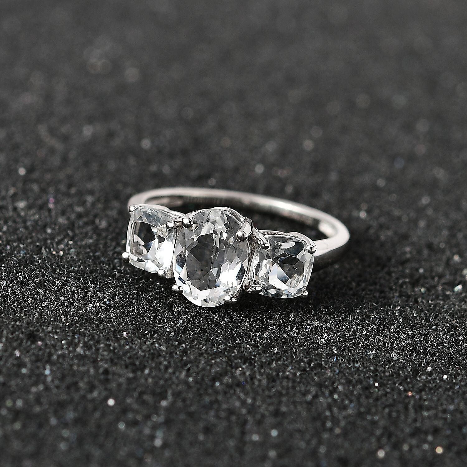 White Topaz 3 Stone Ring in Platinum Over Sterling Silver (Size 10.0) 2.85 ctw