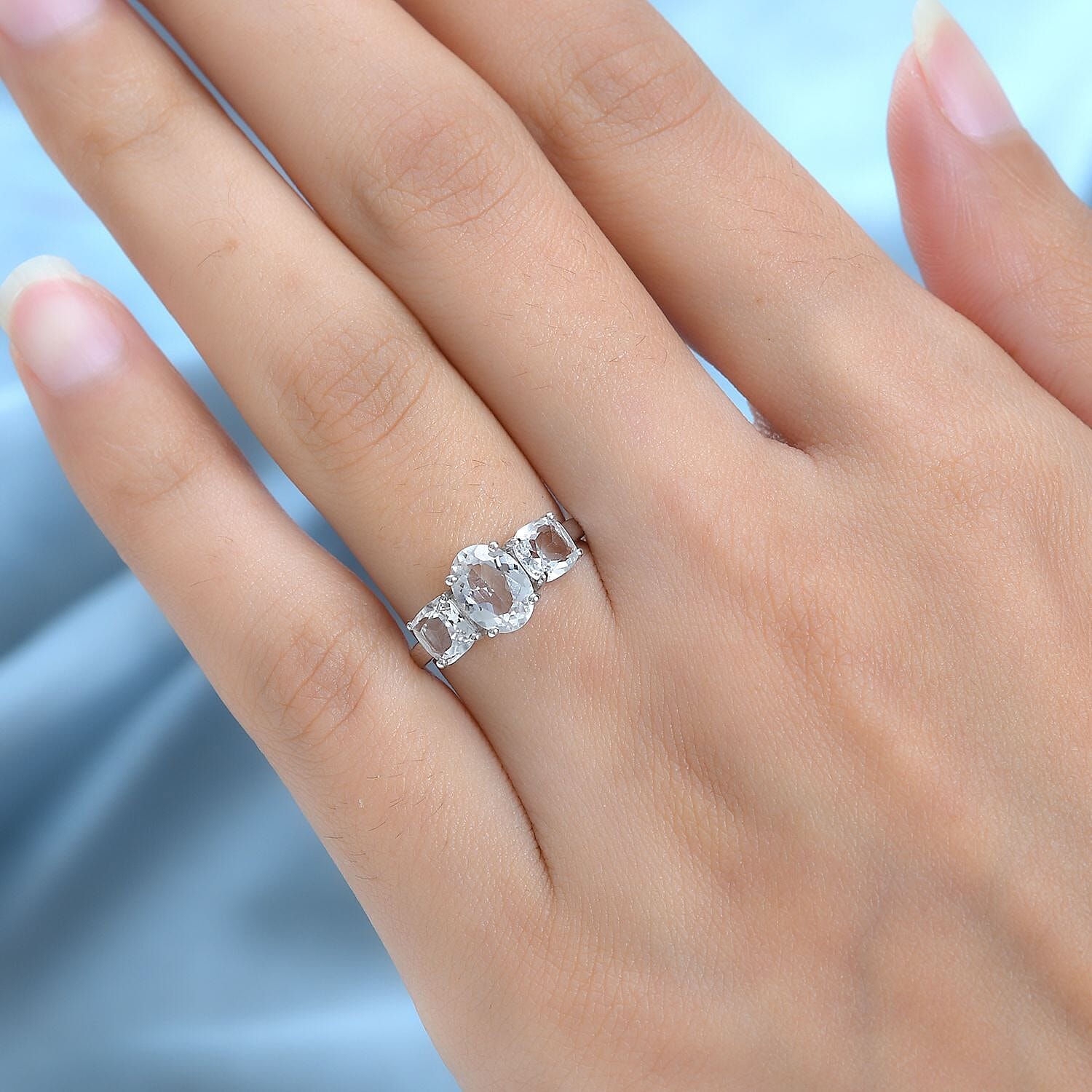 White Topaz 3 Stone Ring in Platinum Over Sterling Silver (Size 10.0) 2.85 ctw