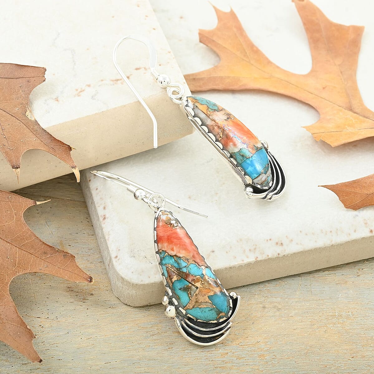 Santa Fe Style Spiny Turquoise Dangle Earrings in Sterling Silver 1.75 ctw image number 1