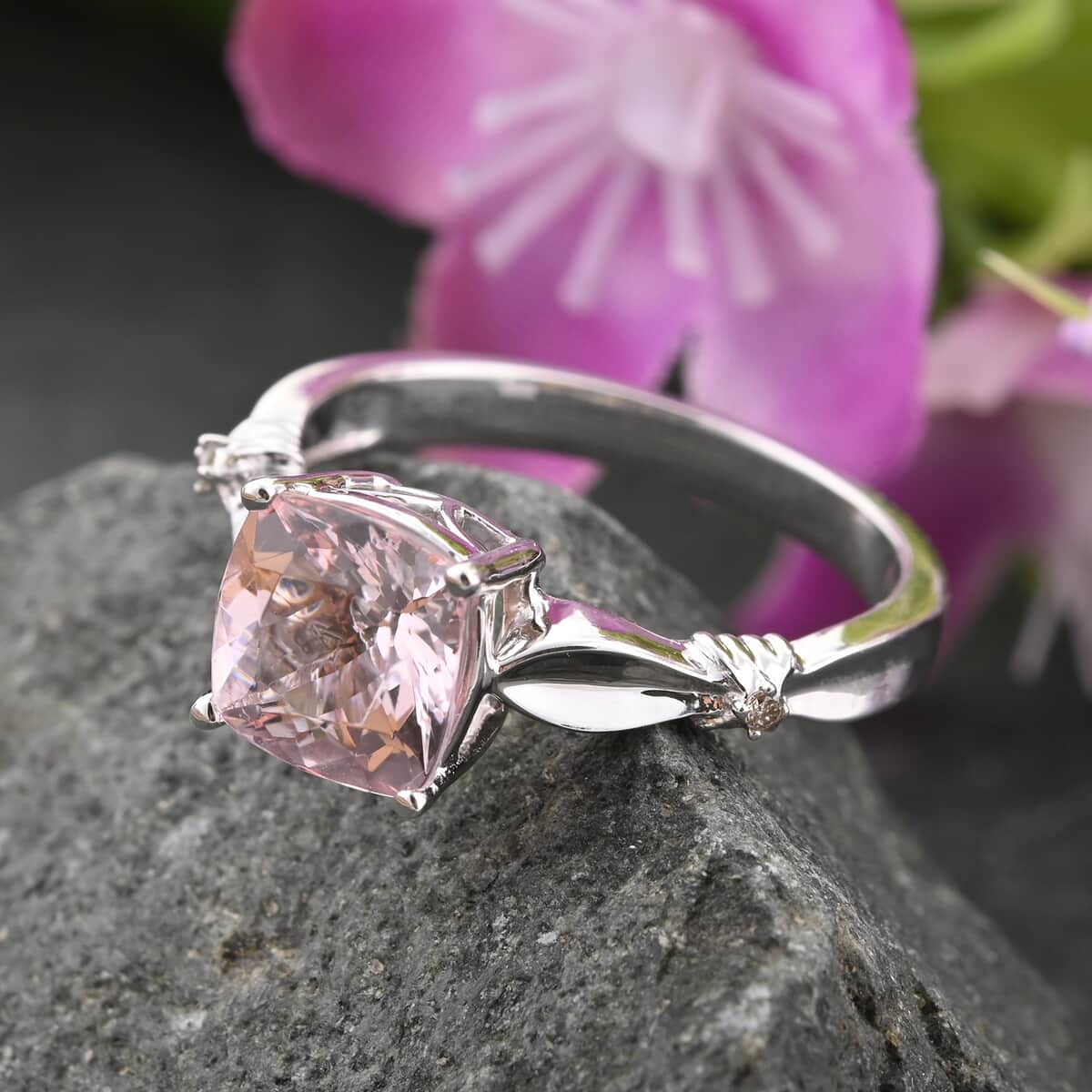 Luxoro 14K White Gold AAA Pink Morganite and I2 Brown Diamond Ring (Size 7.0) 1.80 ctw image number 1