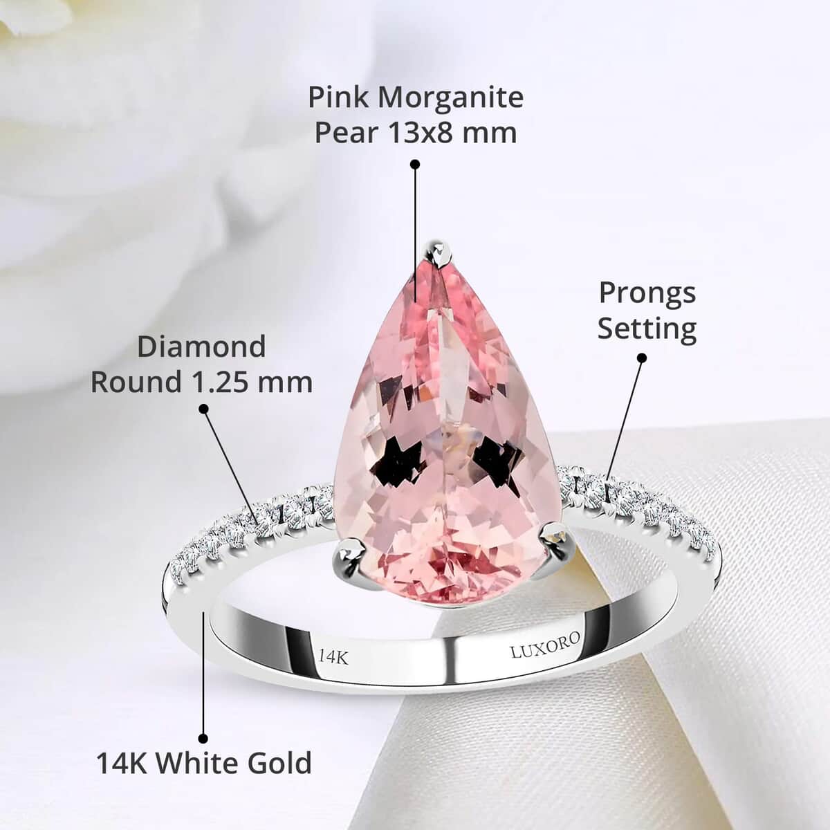 Luxoro 14K White Gold AAA Palmeiras Pink Morganite and I2 Diamond Ring 2.85 ctw image number 4