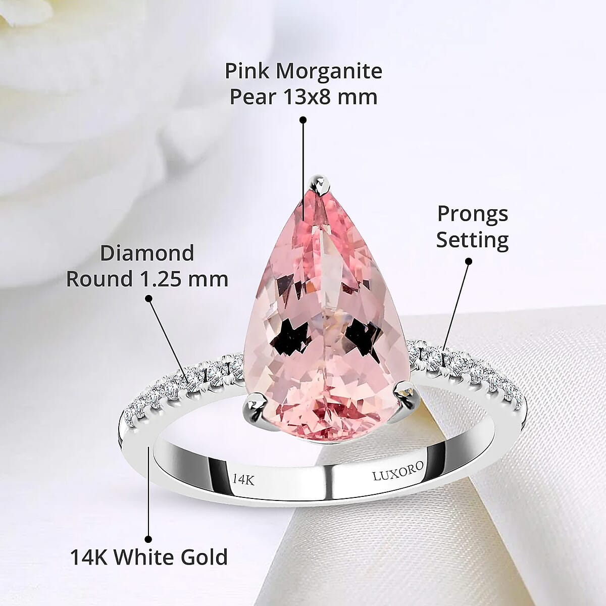 Luxoro 14K White Gold AAA Palmeiras Pink Morganite and I2 Diamond Ring (Size 7.5) 2.85 ctw image number 4