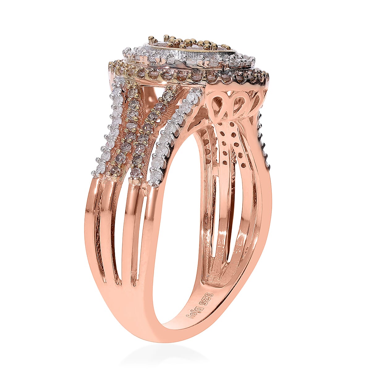 Natural Champagne and White Diamond Double Halo Ring in Vermeil Rose Gold Over Sterling Silver (Size 10.0) 1.00 ctw