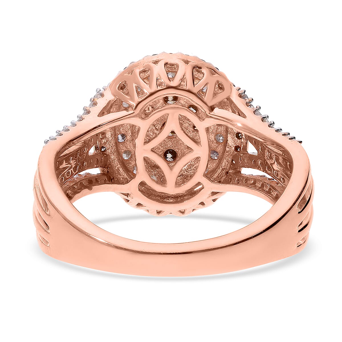 Natural Champagne and White Diamond Double Halo Ring in Vermeil Rose Gold Over Sterling Silver (Size 10.0) 1.00 ctw