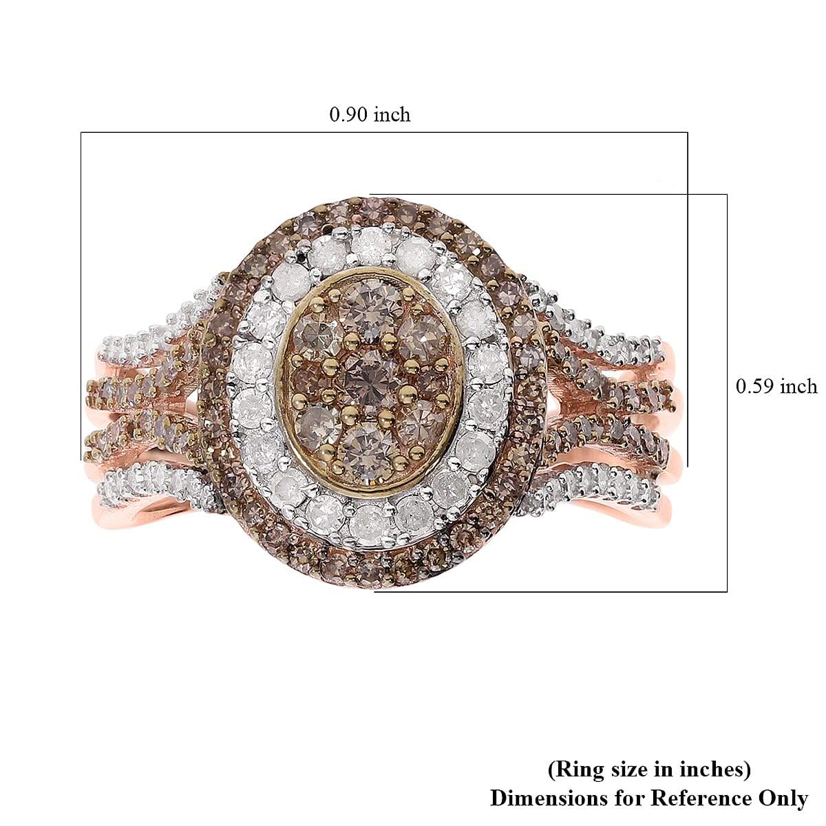 Natural Champagne and White Diamond Double Halo Ring in Vermeil Rose Gold Over Sterling Silver (Size 10.0) 1.00 ctw