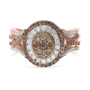 Natural Champagne and White Diamond 1.00 ctw Double Halo Ring in Vermeil Rose Gold Over Sterling Silver (Size 6.0) 