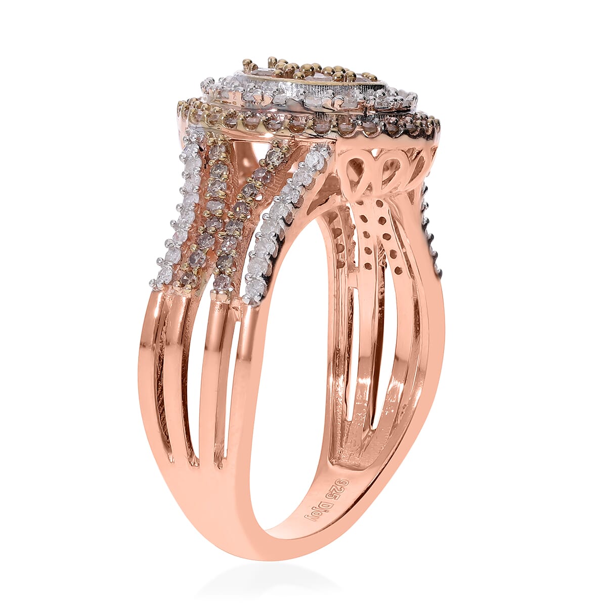 Natural Champagne and White Diamond 1.00 ctw Double Halo Ring in Vermeil Rose Gold Over Sterling Silver (Size 6.0)  image number 3