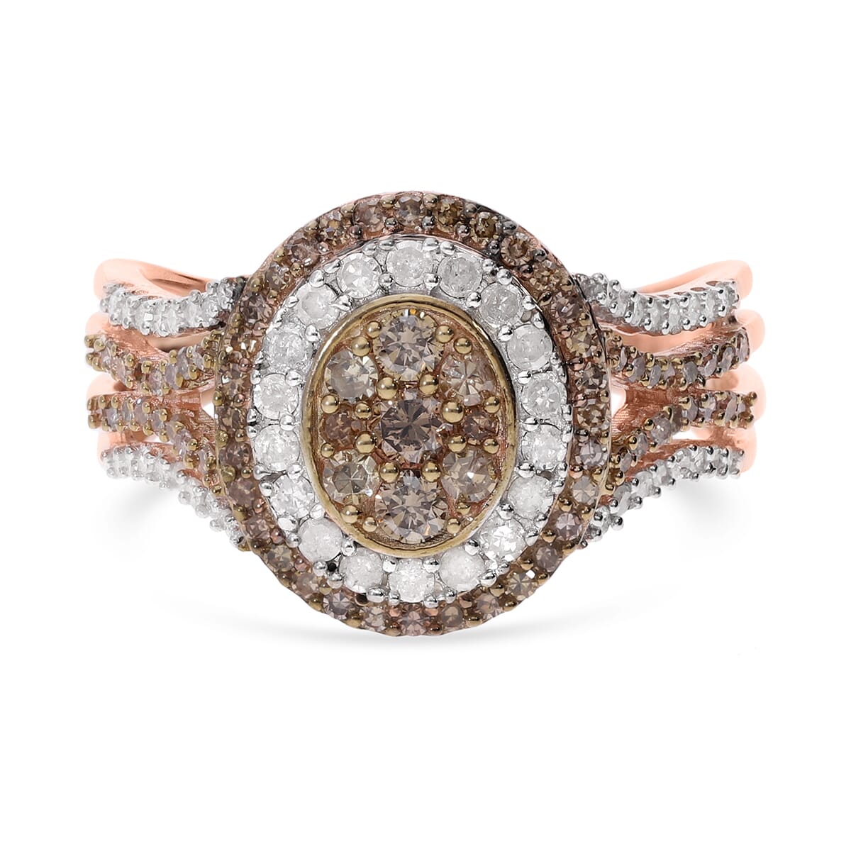 Natural Champagne and White Diamond 1.00 ctw Double Halo Ring in Vermeil Rose Gold Over Sterling Silver (Size 9.0)  image number 0