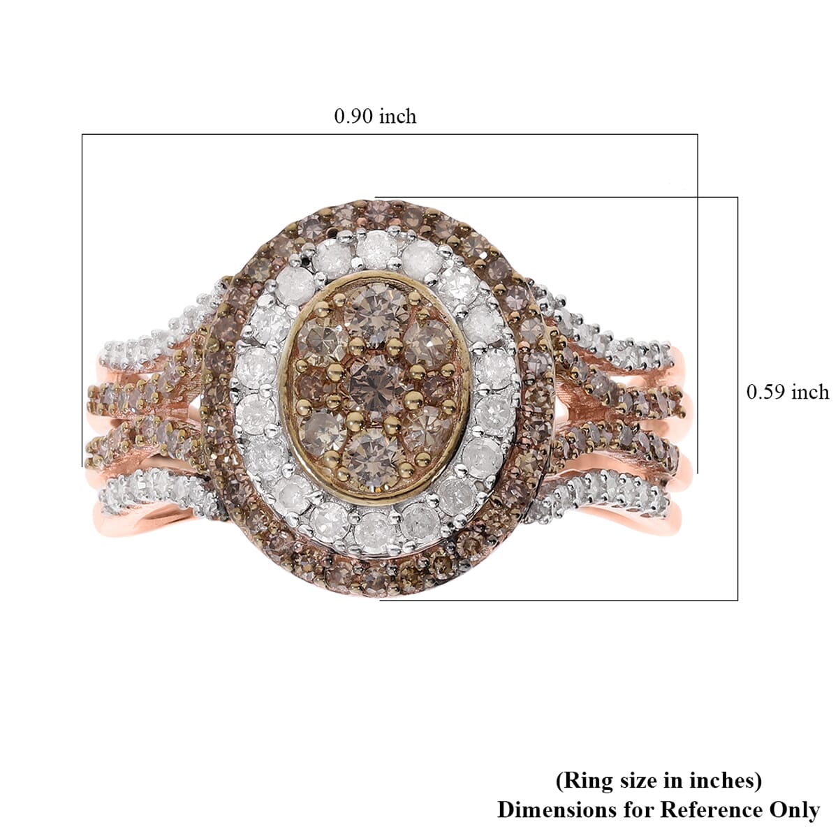 Natural Champagne and White Diamond 1.00 ctw Double Halo Ring in Vermeil Rose Gold Over Sterling Silver (Size 9.0)  image number 5