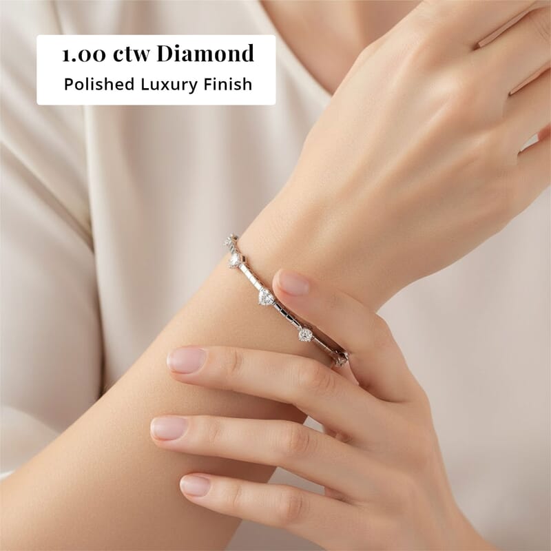 Modani E-F VS Diamond 1.00 ctw 7 Inch Bangle Bracelet in 18K White Gold With Total Metal Weight (8.20 g) Including Titanium Spring weight 0.60 g, Diamond Jewelry, Anniversary Gift For Her