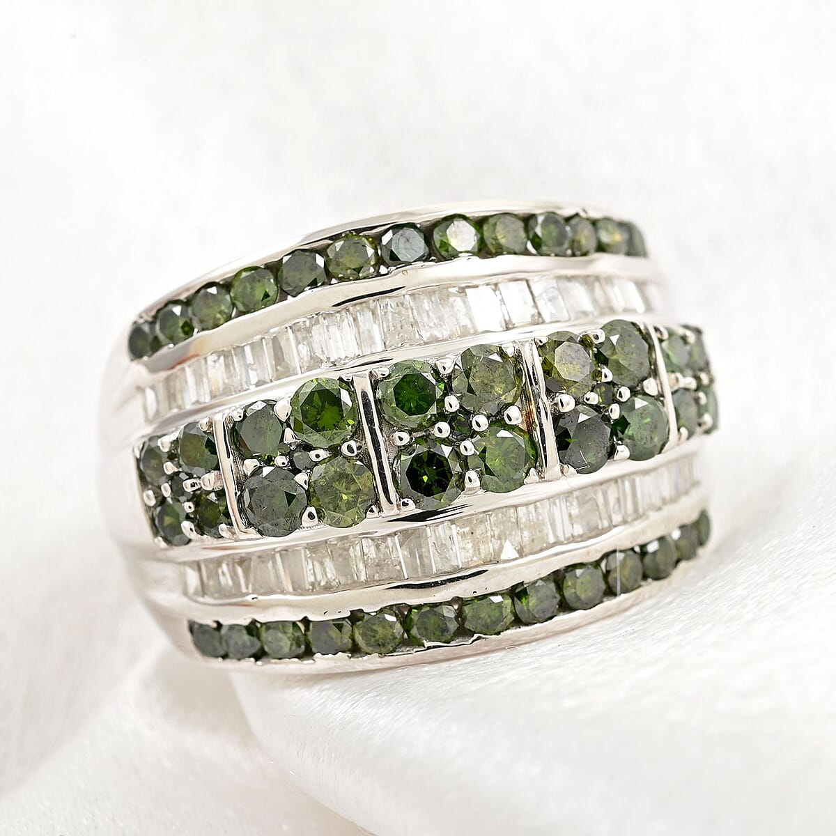 Green and White Diamond Cluster Ring in Platinum Over Sterling Silver (Size 8.0) 2.00 ctw image number 1