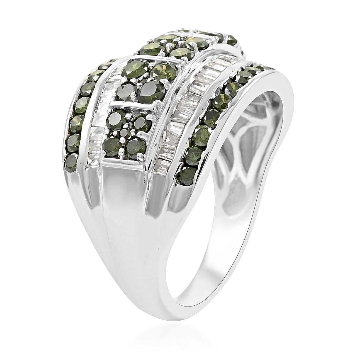 Green and White Diamond Cluster Ring in Platinum Over Sterling Silver (Size 8.0) 2.00 ctw image number 3