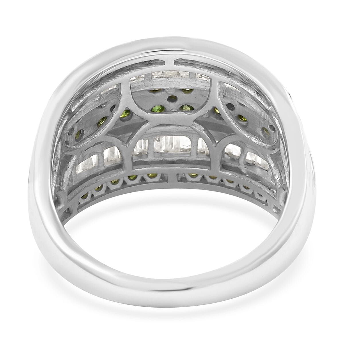 Green and White Diamond Cluster Ring in Platinum Over Sterling Silver (Size 8.0) 2.00 ctw image number 4