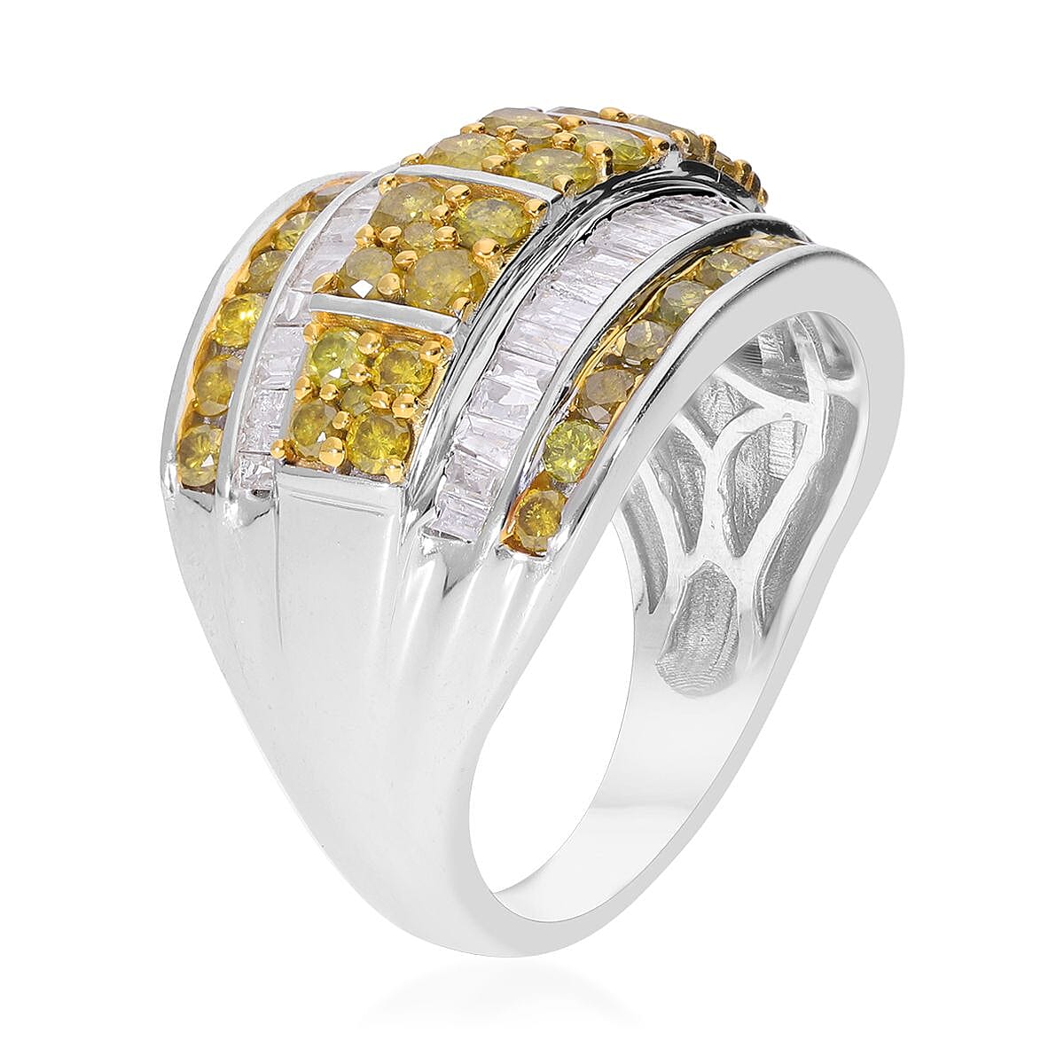 Yellow and White Diamond 2.00 ctw Cluster Ring in Platinum Over Sterling Silver (Size 9.0)  image number 3