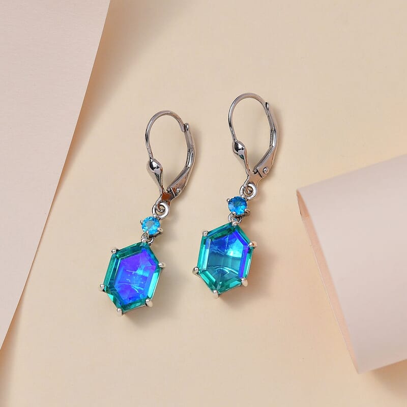 Peacock Quartz (Triplet) and Malgache Neon Apatite Lever Back Earrings in Platinum Over Sterling Silver 9.50 ctw