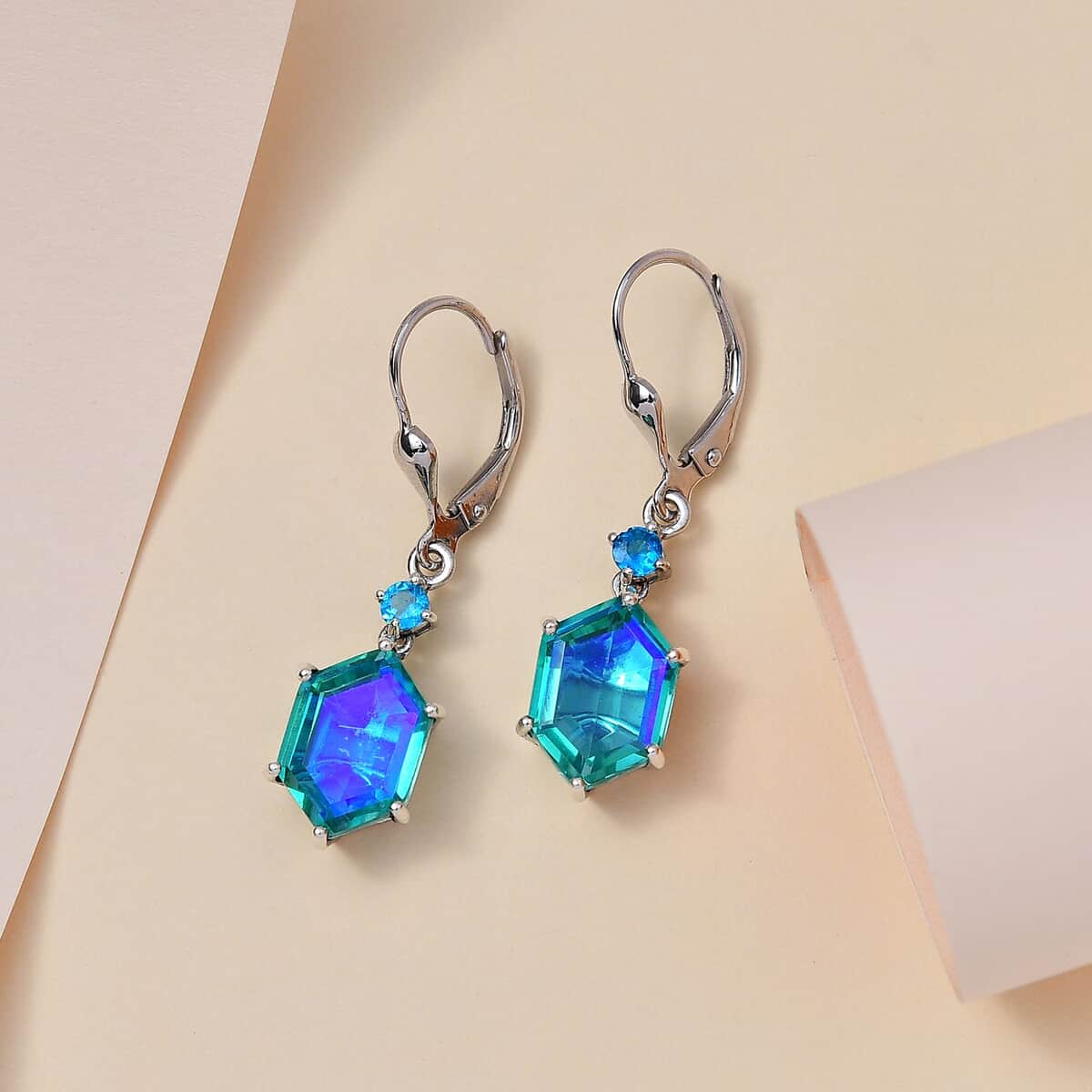 Peacock Quartz (Triplet) and Malgache Neon Apatite Lever Back Earrings in Platinum Over Sterling Silver 9.50 ctw image number 1
