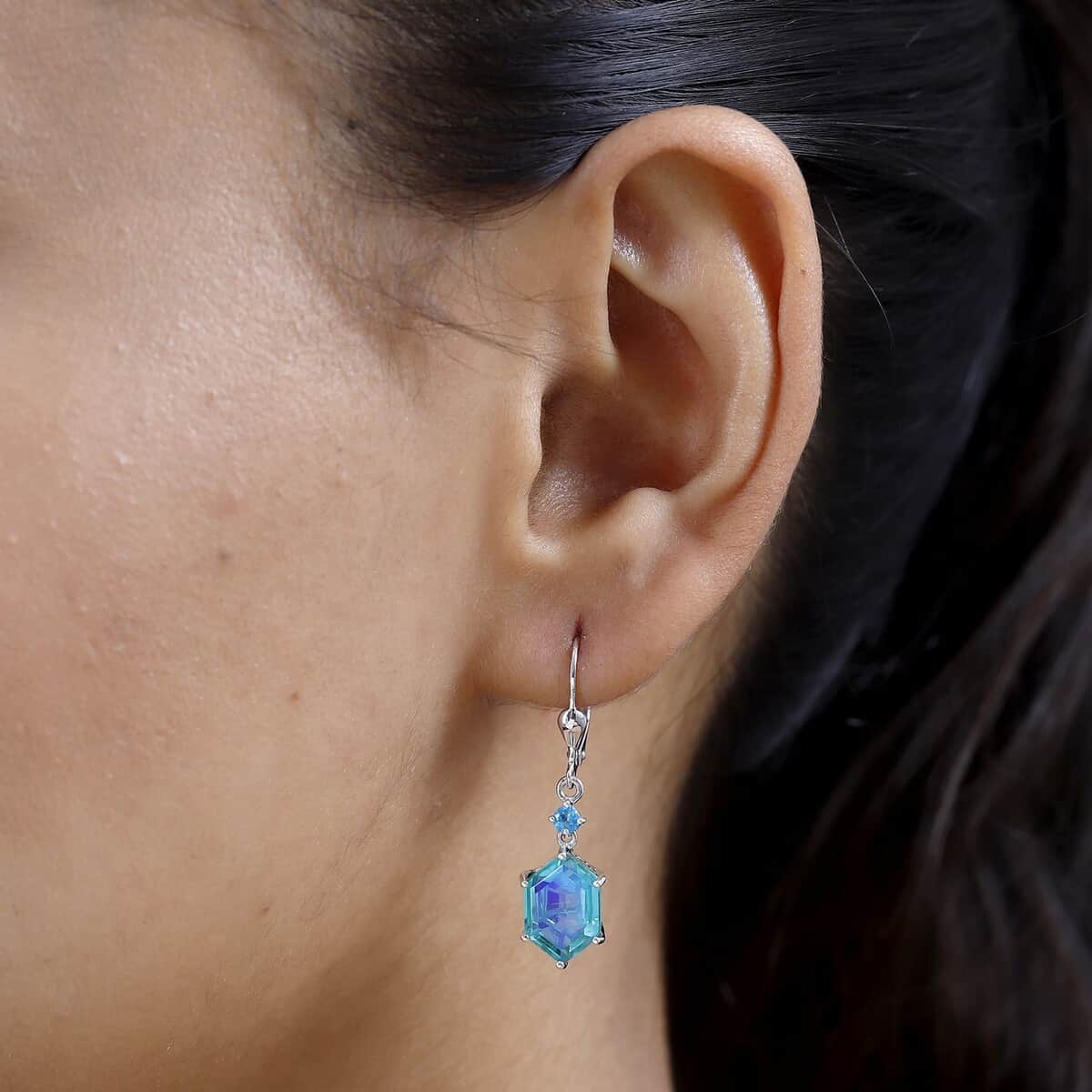 Peacock Quartz (Triplet) and Malgache Neon Apatite Lever Back Earrings in Platinum Over Sterling Silver 9.50 ctw image number 2