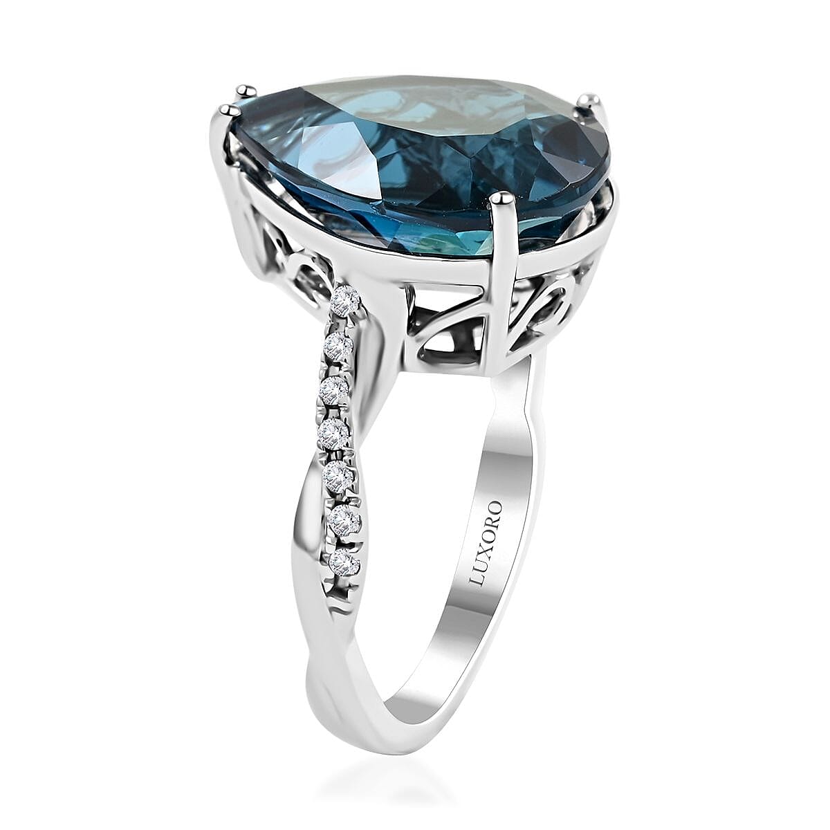 Certified and Appraised Luxoro 10K White Gold AAA London Blue Topaz and I2 Diamond Ring (Size 8.0) 10.85 ctw image number 3