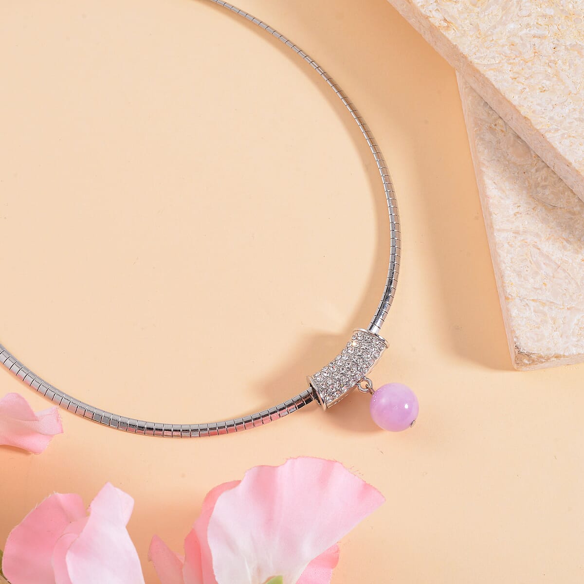 Kunzite and Austrian Crystal Necklace 18-20 Inches in Silvertone 26.65 ctw image number 1