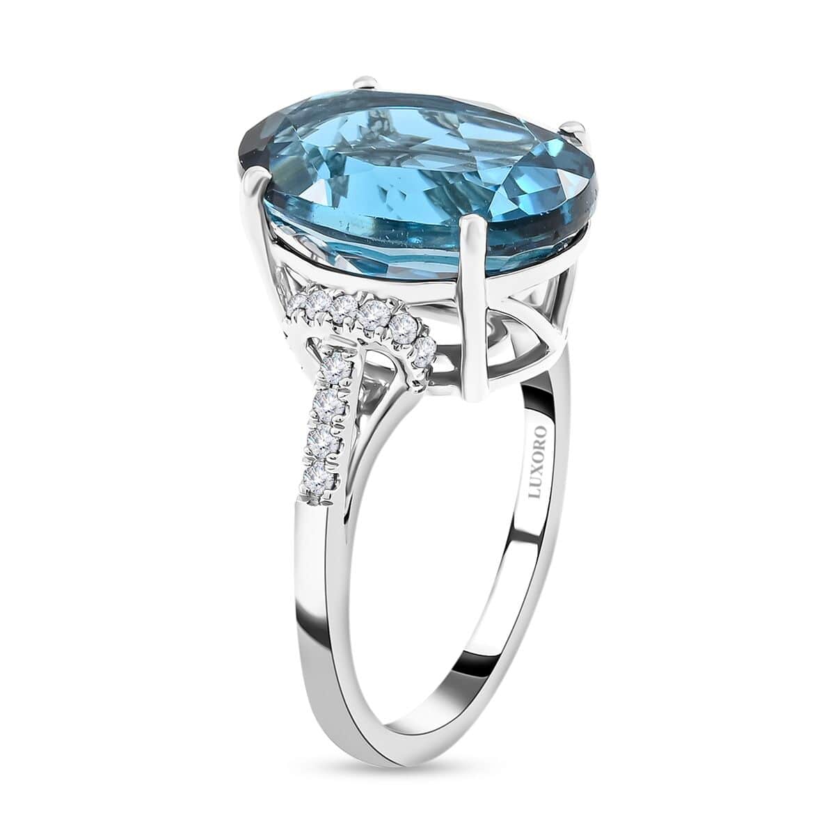 Certified and Appraised Luxoro 10K White Gold AAA London Blue Topaz and I2 Diamond Ring (Size 6.0) 7.35 ctw image number 3