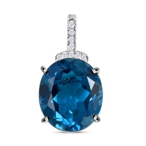 Certified and Appraised Luxoro 10K White Gold AAA London Blue Topaz and I2 Diamond Pendant 9.75 ctw