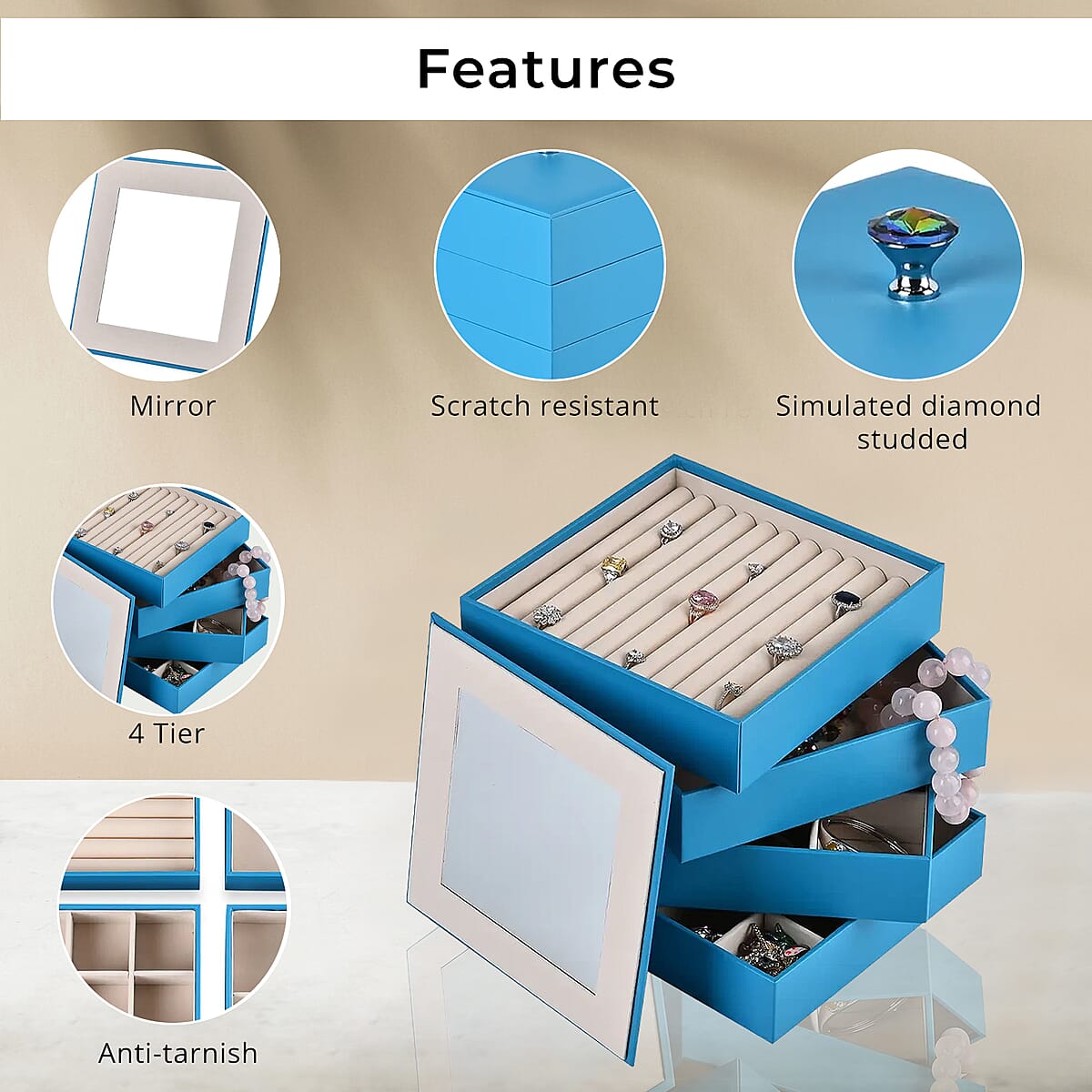 Turquoise Blue Faux Leather 4 Tier Stackable Jewelry Organizer with Mirror Lid image number 1