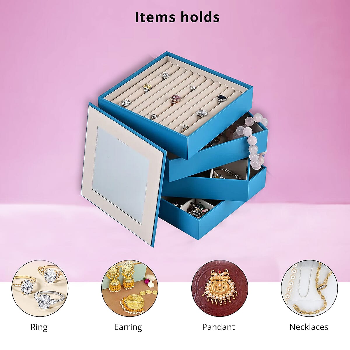 Turquoise Blue Faux Leather 4 Tier Stackable Jewelry Organizer with Mirror Lid image number 3