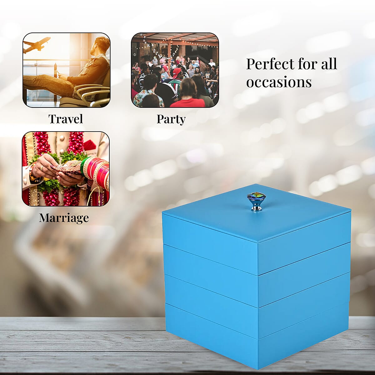 Turquoise Blue Faux Leather 4 Tier Stackable Jewelry Organizer with Mirror Lid image number 4