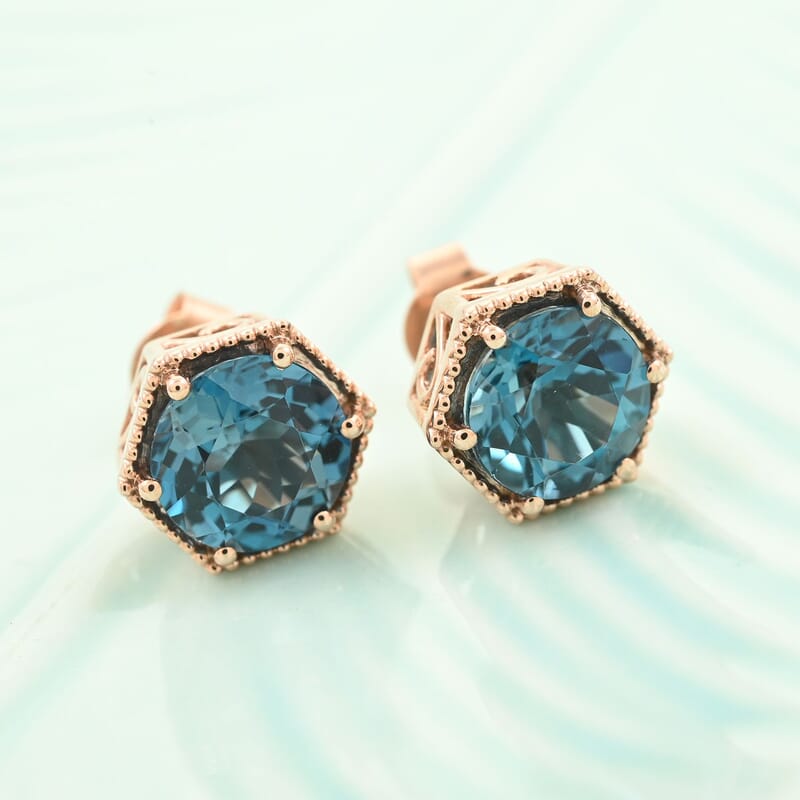 Certified and Appraised Luxoro 10K Rose Gold AAA London Blue Topaz Solitaire Stud Earrings 4.50 ctw