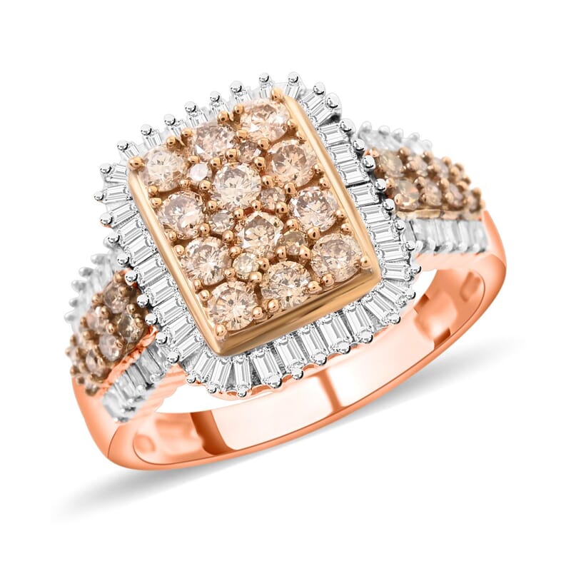 Natural Champagne and White Diamond 1.00 ctw Ring in Vermeil Rose Gold Over Sterling Silver (Size 6.0) 