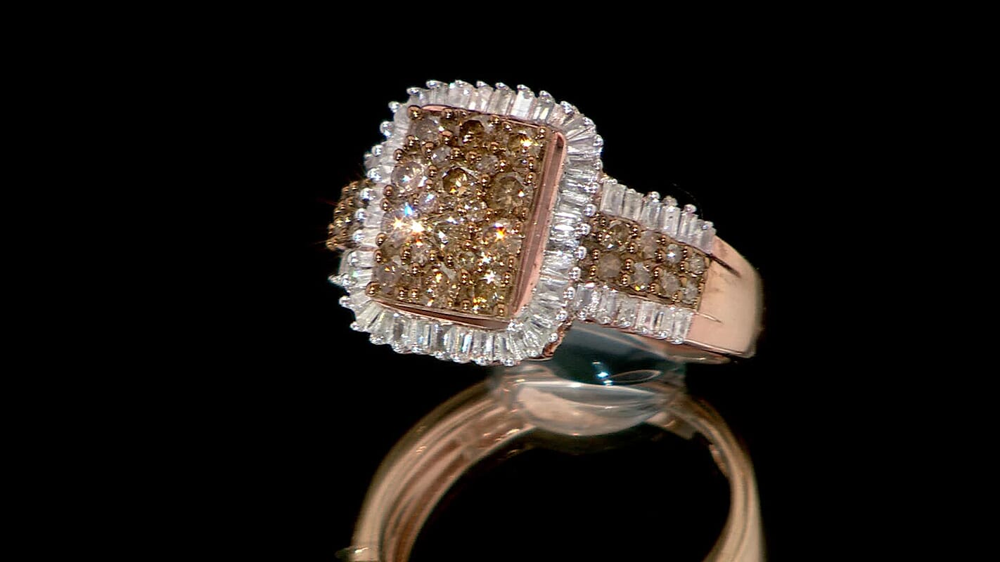 Champagne and White Diamond Art Deco Ring in Sterling Silver