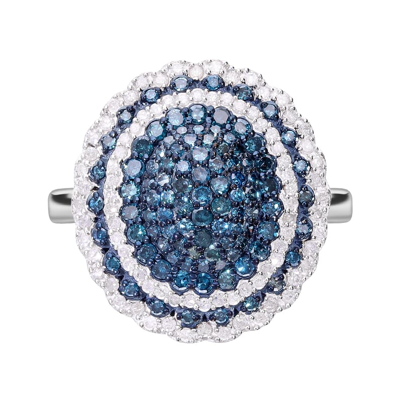 Blue and White Diamond Cluster Ring in Platinum Over Sterling Silver (Size 6.0) 1.50 ctw