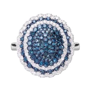 Blue and White Diamond Cluster Ring in Platinum Over Sterling Silver (Size 6.0) 1.50 ctw