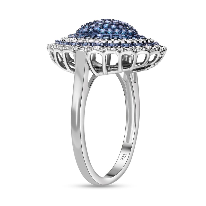 Blue and White Diamond Cluster Ring in Platinum Over Sterling Silver (Size 6.0) 1.50 ctw