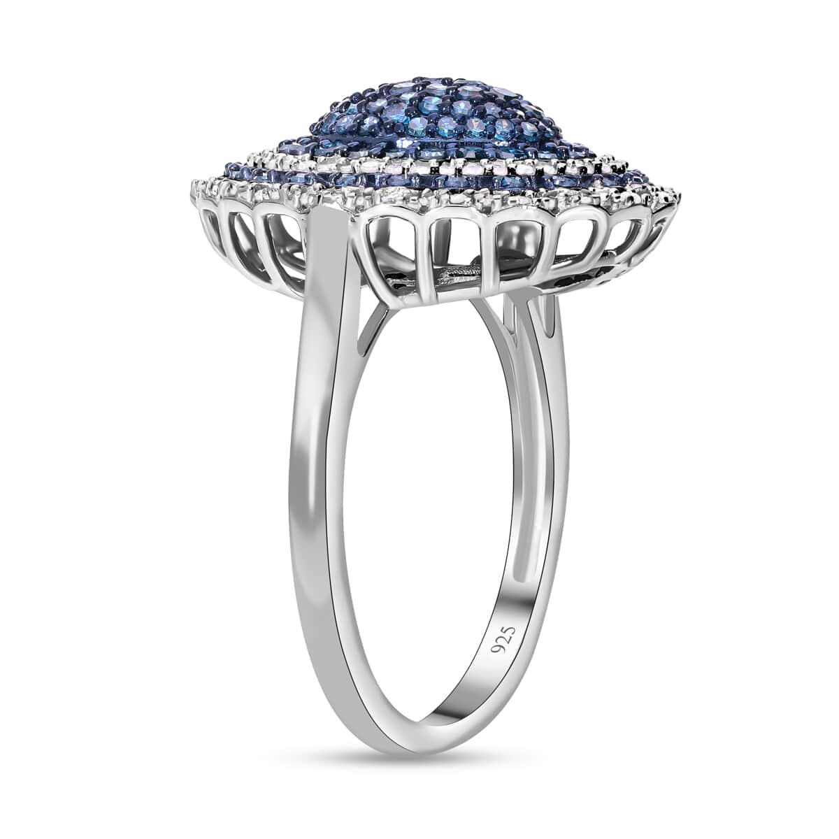 Blue and White Diamond Cluster Ring in Platinum Over Sterling Silver (Size 6.0) 1.50 ctw image number 2