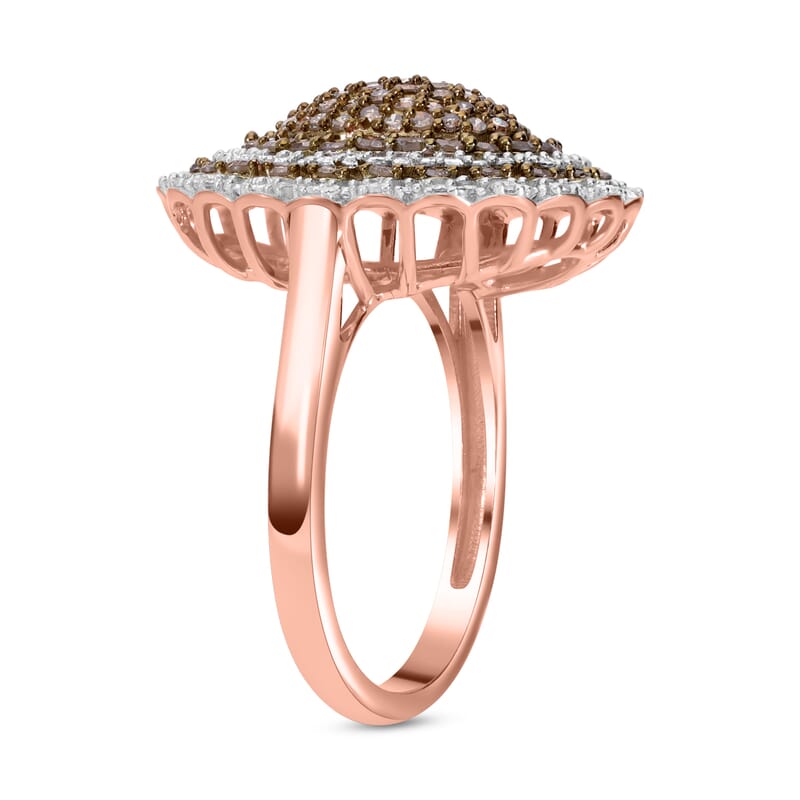 Natural Champagne and White Diamond Cluster Ring in Vermeil RG Over Sterling Silver (Size 6.0) 1.50 ctw