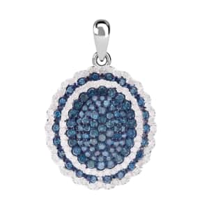 Blue and White Diamond Cluster Pendant in Platinum Over Sterling Silver 1.50 ctw